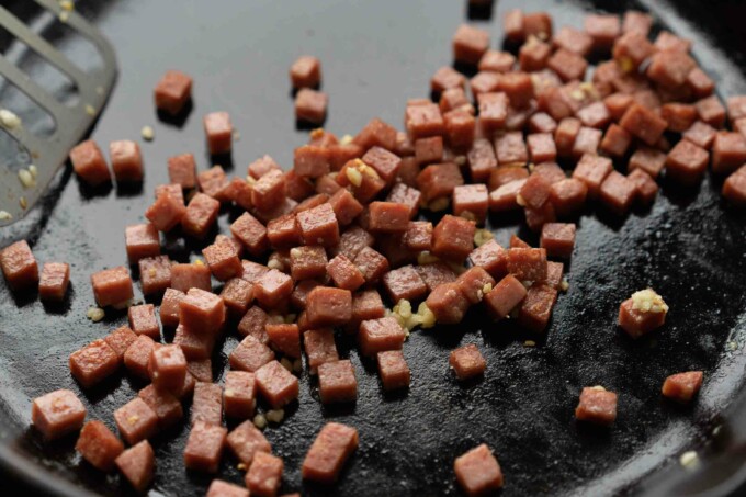 browned cubes of Spam