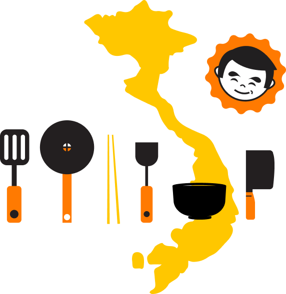 Graphic of utensils over outline of Vietnam and Hungry Huy's logo