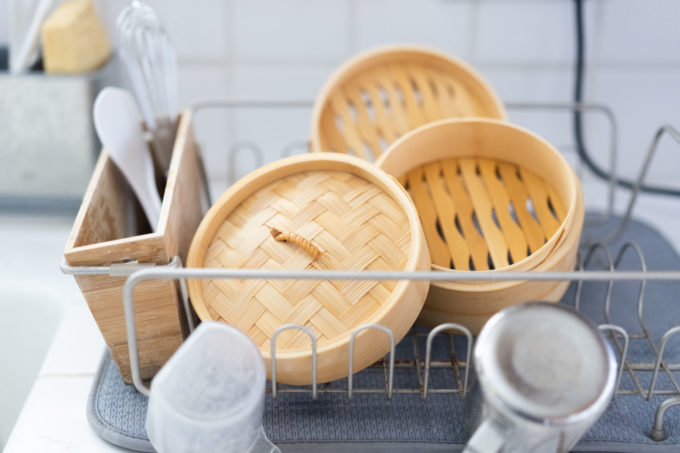 drying bamboo steamer on a dish rack