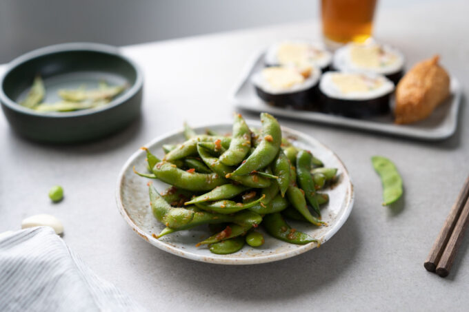 spicy edamame with chili garlic and ginger
