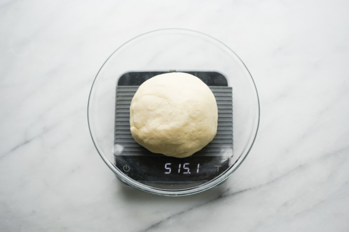 weighing entire dough ball on Acaia scale