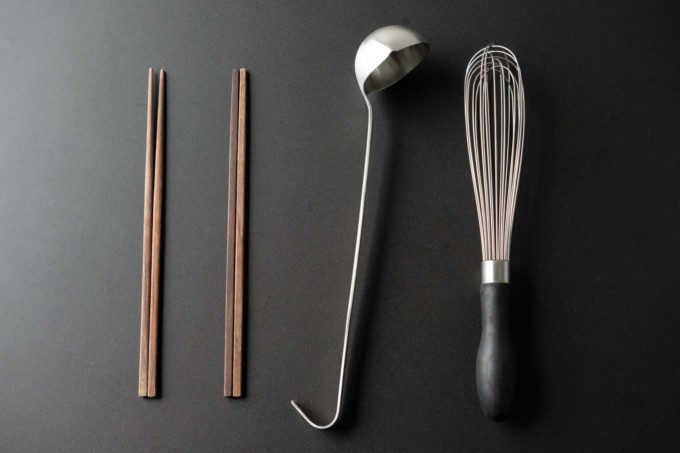 wood chopsticks, steel ladle, steel whisk